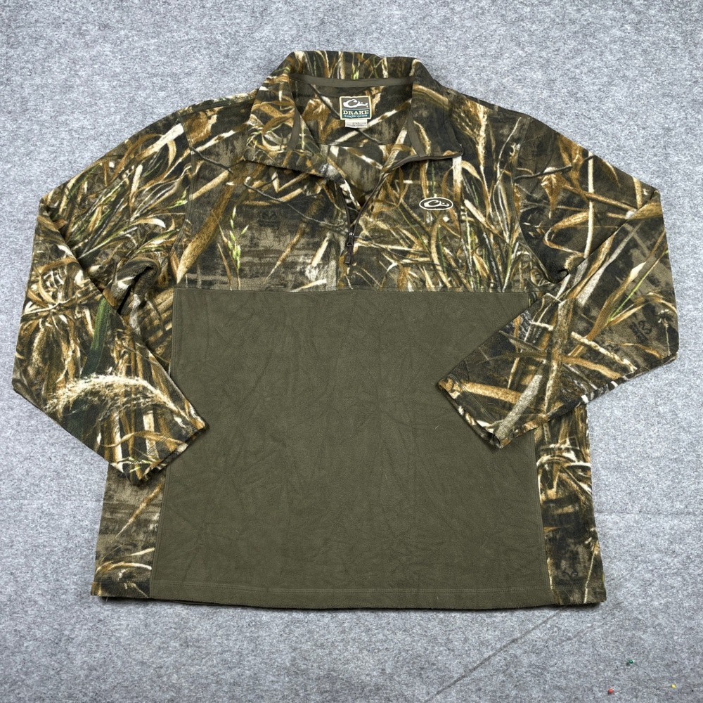 Drake Waterfowl Fleece Pullover Mens 2XL Green Wetland Camo Hunting Sweater